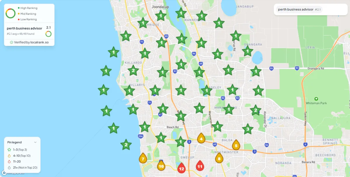 Google Business Profile heat map showing Perth Business Advisors rankings after local SEO optimisation with an average Google Maps ranking of 2.1