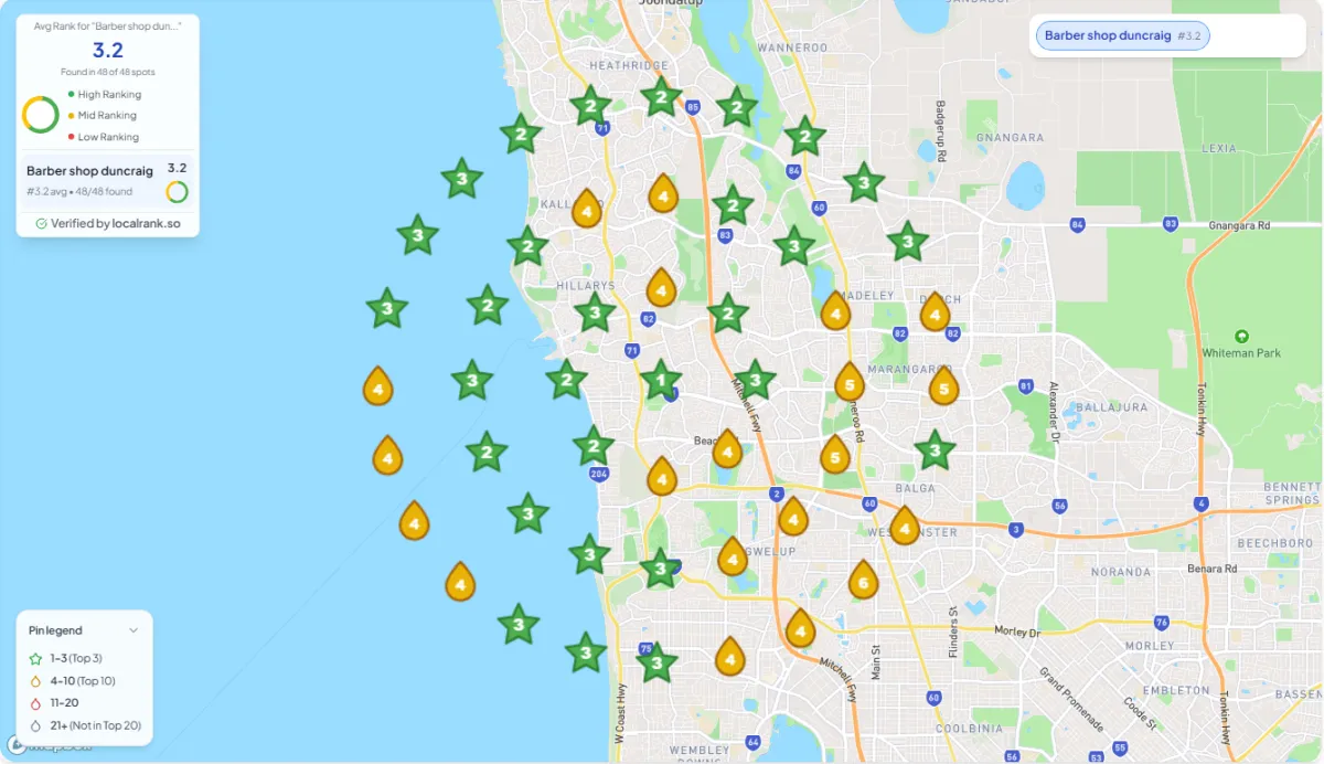 Google Business Profile optimisation case study showing LocalRank heat maps with improved Google Maps rankings for a barber shop in Duncraig, demonstrating stronger local SEO visibility across Perth after optimisation.