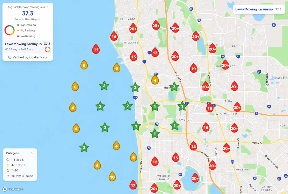 Google Business Profile heat map showing lawn mowing service rankings before local SEO optimisation in Perth with an average Google Maps ranking of 37.3