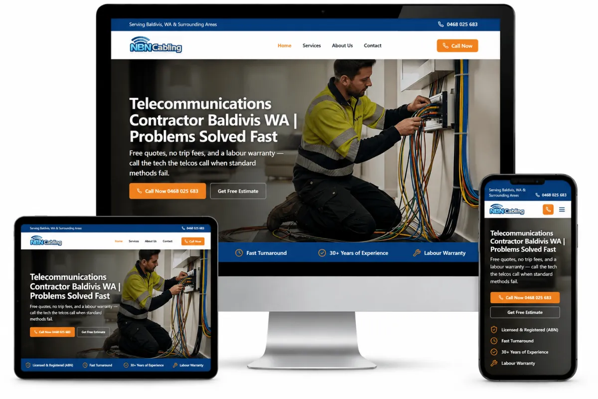 Device mockups showing a website for an electrician on desktop and mobile screens.