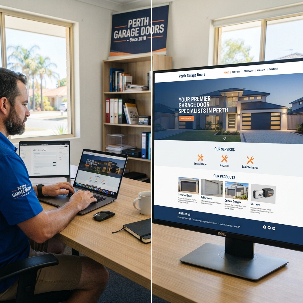 Collage of website screenshots for Perth Garage Doors shown on desktop, tablet, and mobile devices.