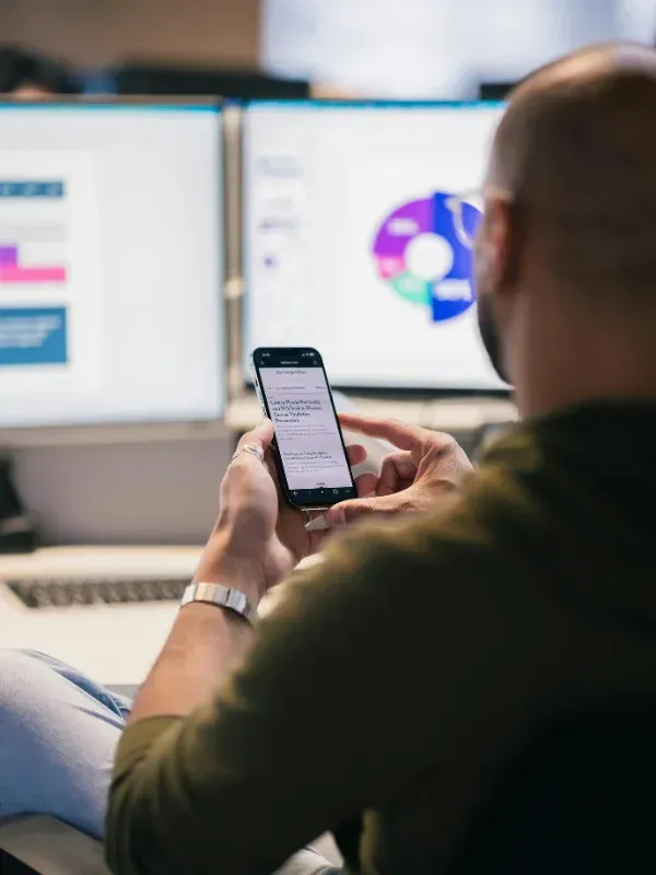 Person using smartphone while seated at a desk with dual monitors displaying data visualizations, illustrating secure remote productivity and modern IT solutions.