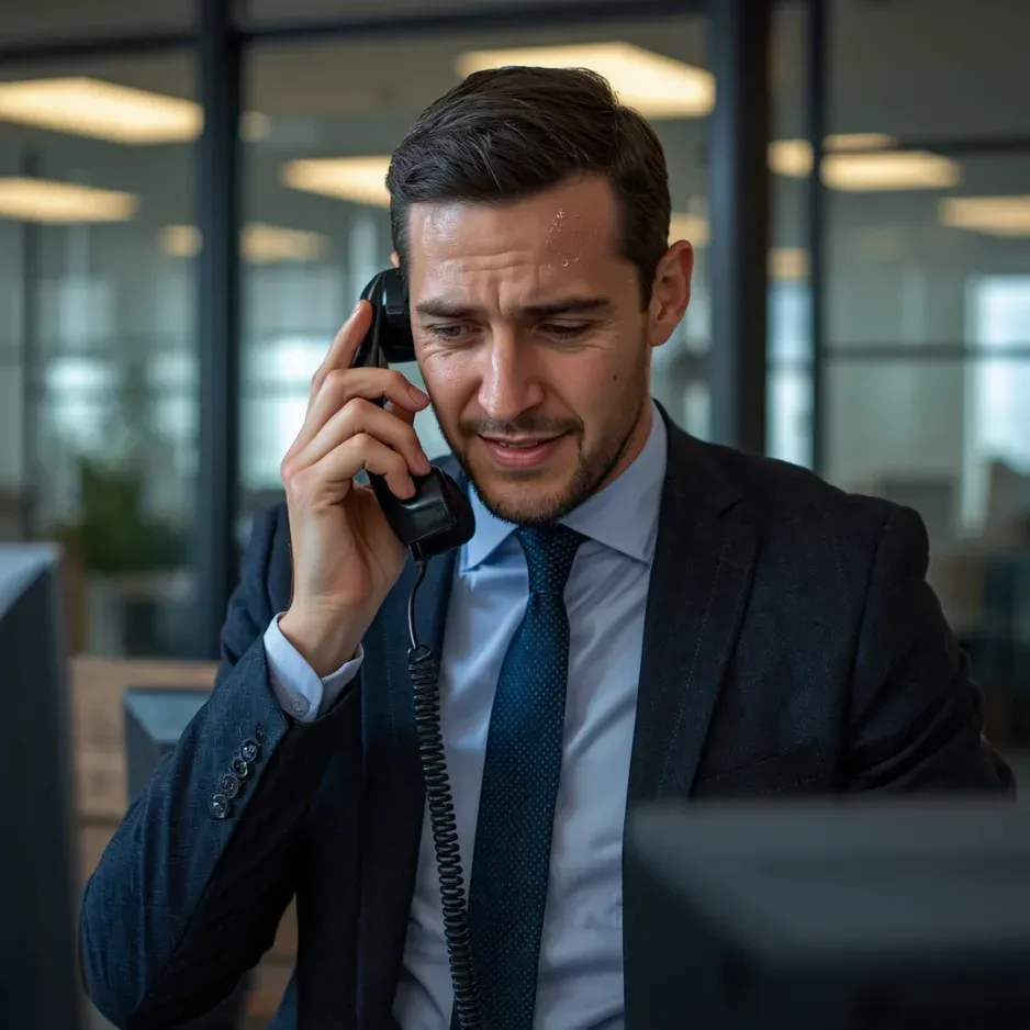 Business professional speaking on the phone in an office setting, emphasizing urgent communication during crises, relevant to mass notification systems by Intelesys.