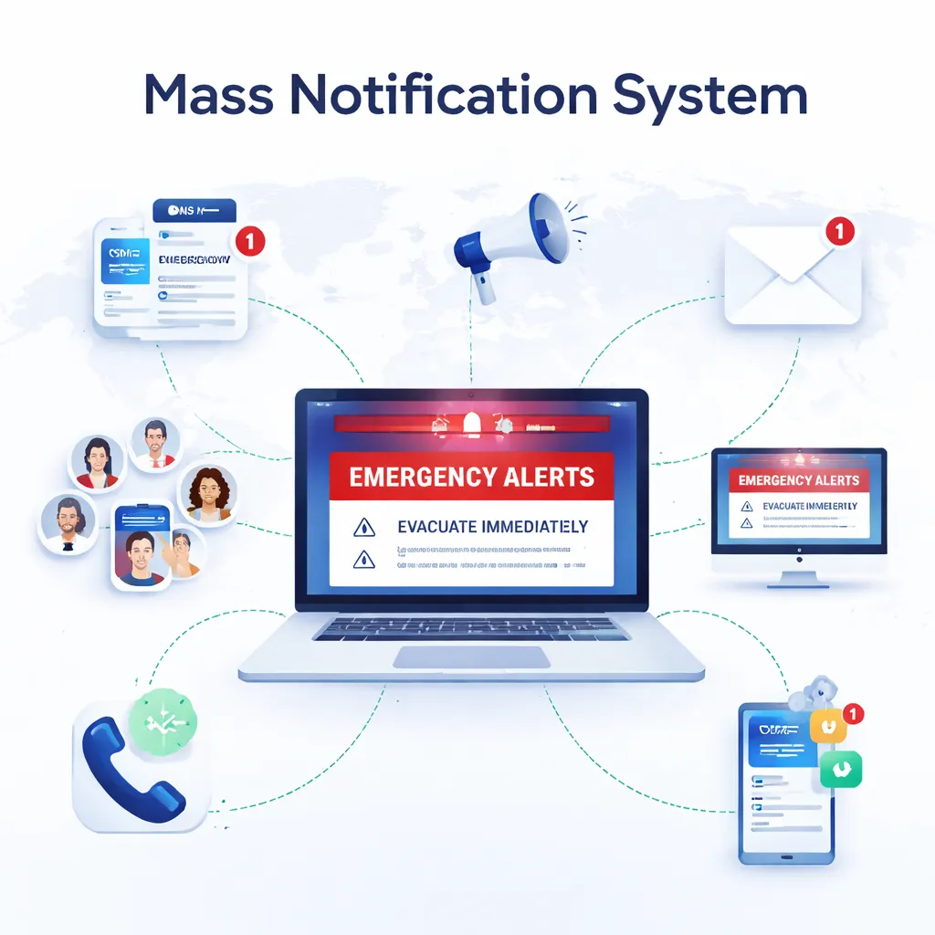 Mass notification system interface displaying emergency alerts with "Evacuate Immediately" message, surrounded by communication icons representing SMS, email, and voice alerts for efficient emergency communication.