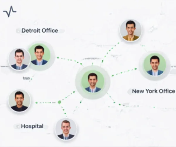 Visual representation of a mass notification network connecting personnel from the New York and Detroit offices, along with a hospital, emphasizing effective communication channels for emergency alerts.