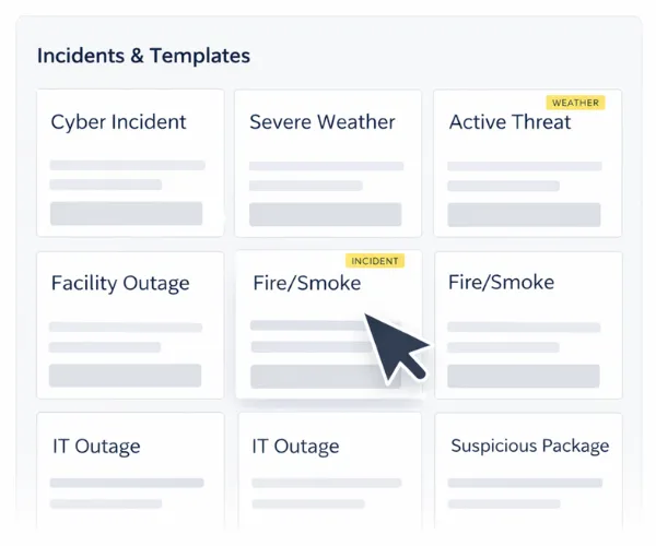 Grid of incident templates for mass notification, highlighting "Fire/Smoke" incident with cursor pointer, featuring categories like Cyber Incident, Severe Weather, and Active Threat.
