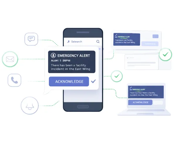 Emergency alert notification displayed on smartphone and laptop screens, indicating a facility incident in the East Wing, with options to acknowledge, representing Intelesys mass notification platform features.