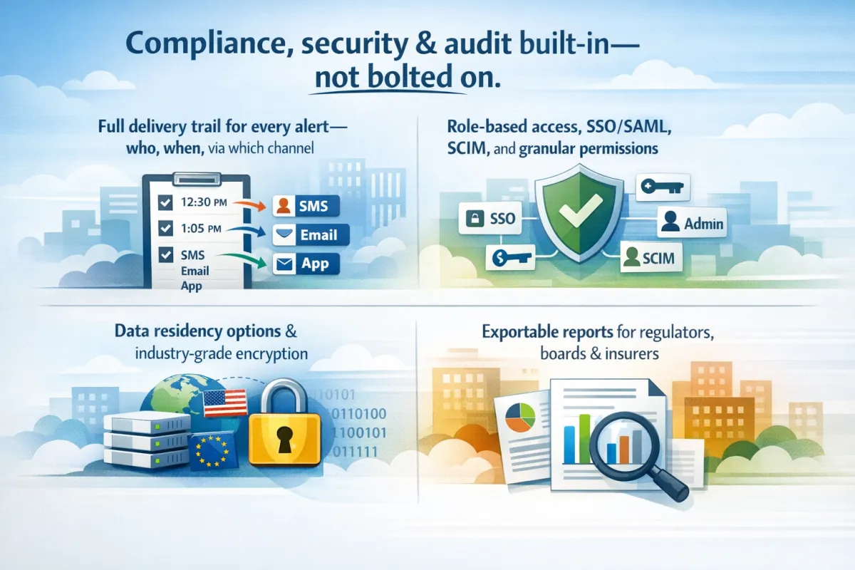 Compliance and security features of Intelesys mass notification platform, showcasing delivery trails for alerts, role-based access, data residency options, and exportable reports for regulatory compliance.