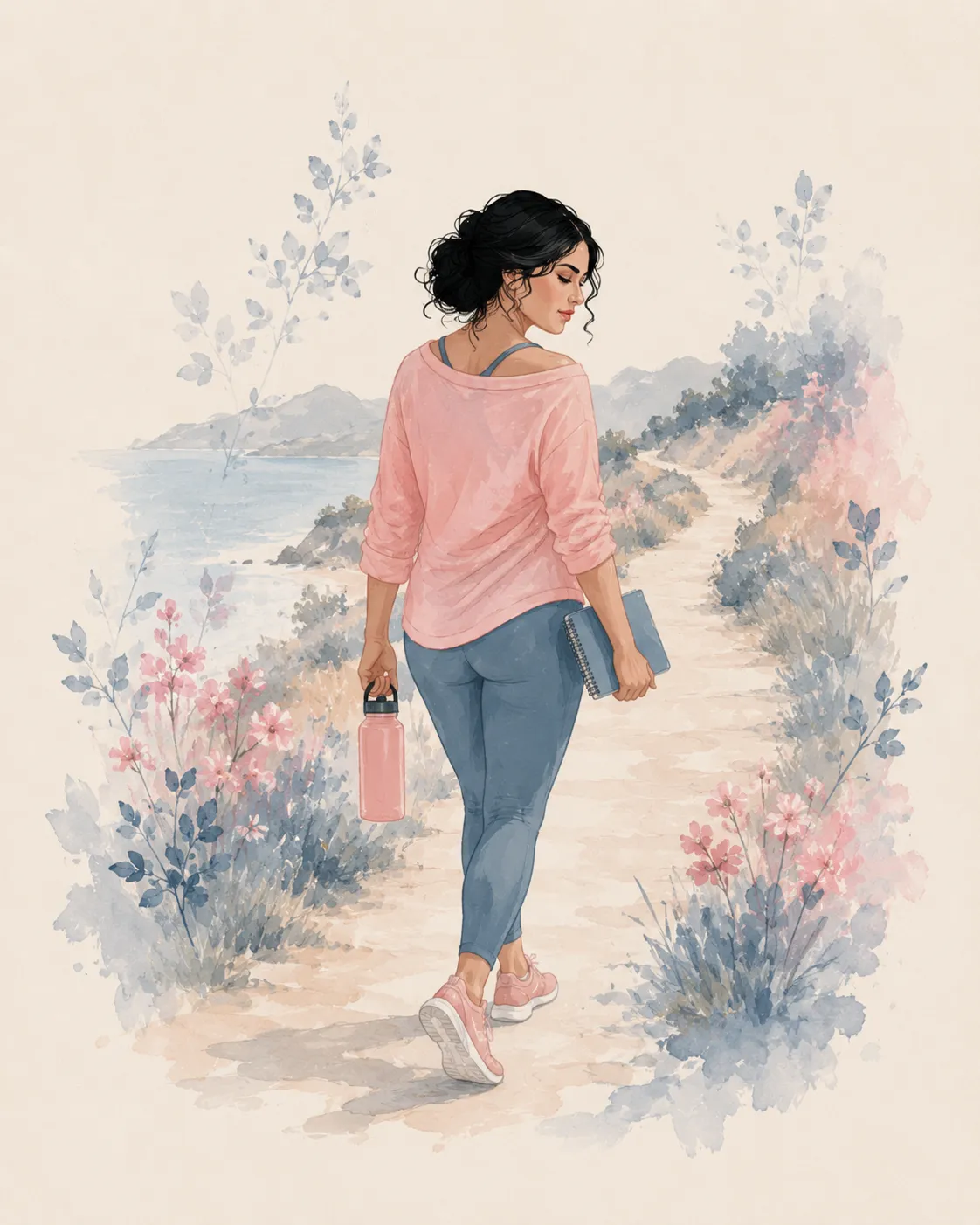 woman walking with notebook and water bottle in hand long path through wildflowers as she comfortabl navigates life after bariatric surgery