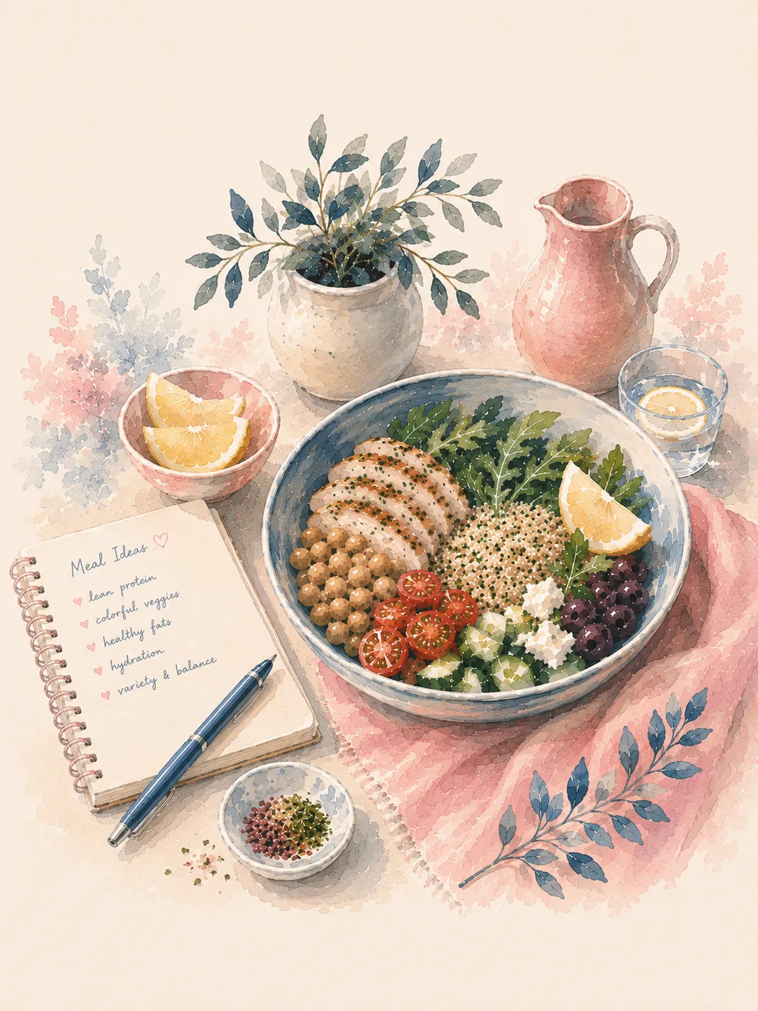 bariatric friendly mediterranean diet inspired balanced protein forward meal:  grilled chicken with chickpeas, quinoa, tomatoes, cucumber, olives, feta and arugula with olive oil and lemon