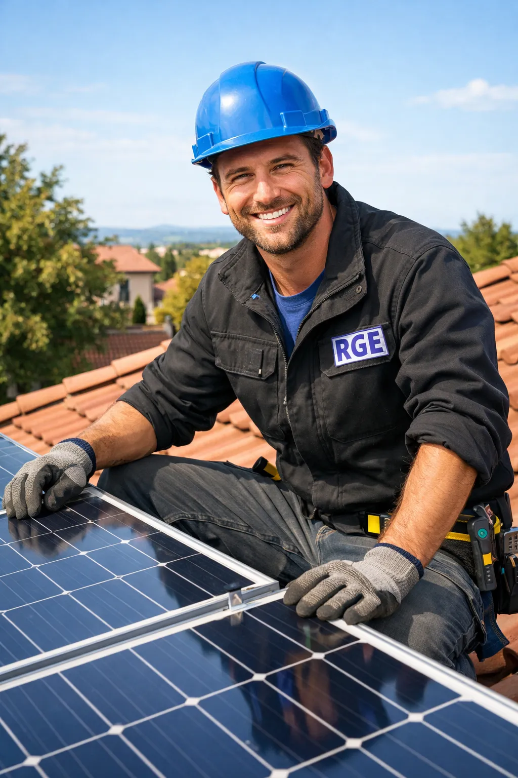 Artisan posant photovoltaïque sur toiture, sourire confiant, badge RGE sur veste