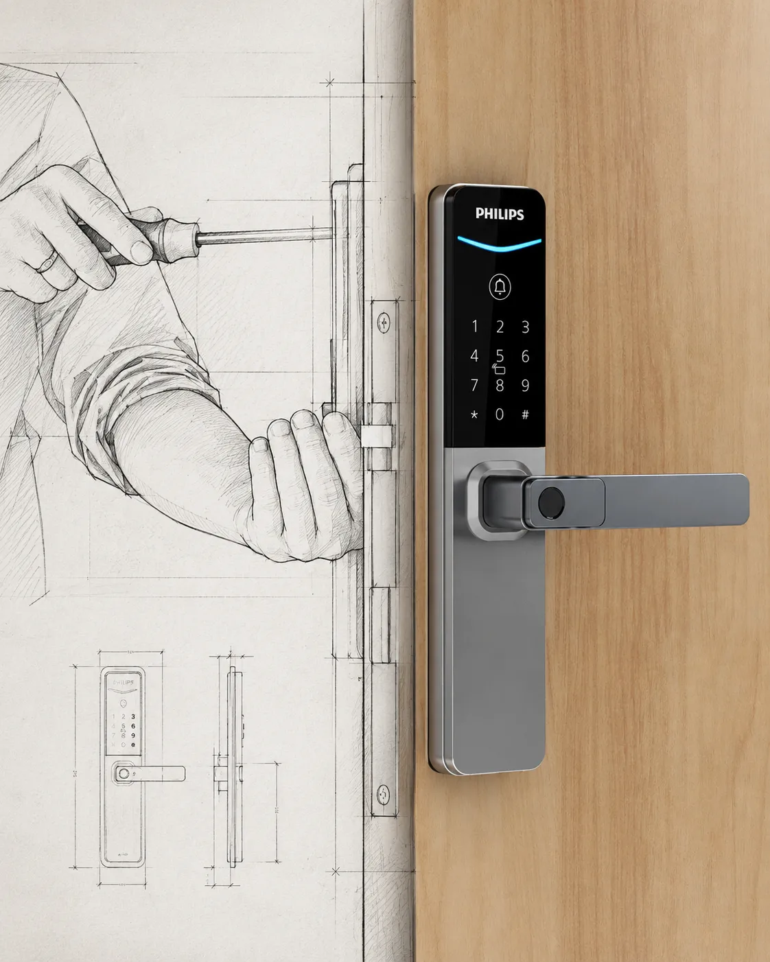 Cerrajero instalando una cerradura inteligente Philips