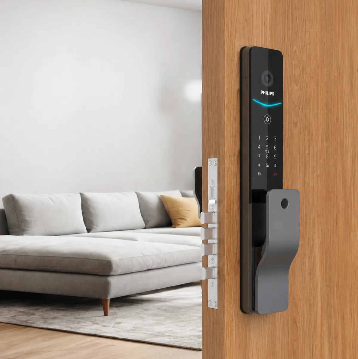 Cerradura inteligente Philips con lector de huella instalada en una puerta de entrada