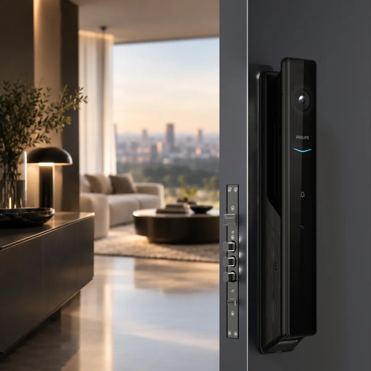 Cerradura inteligente Philips instalada en la puerta de entrada de un hogar