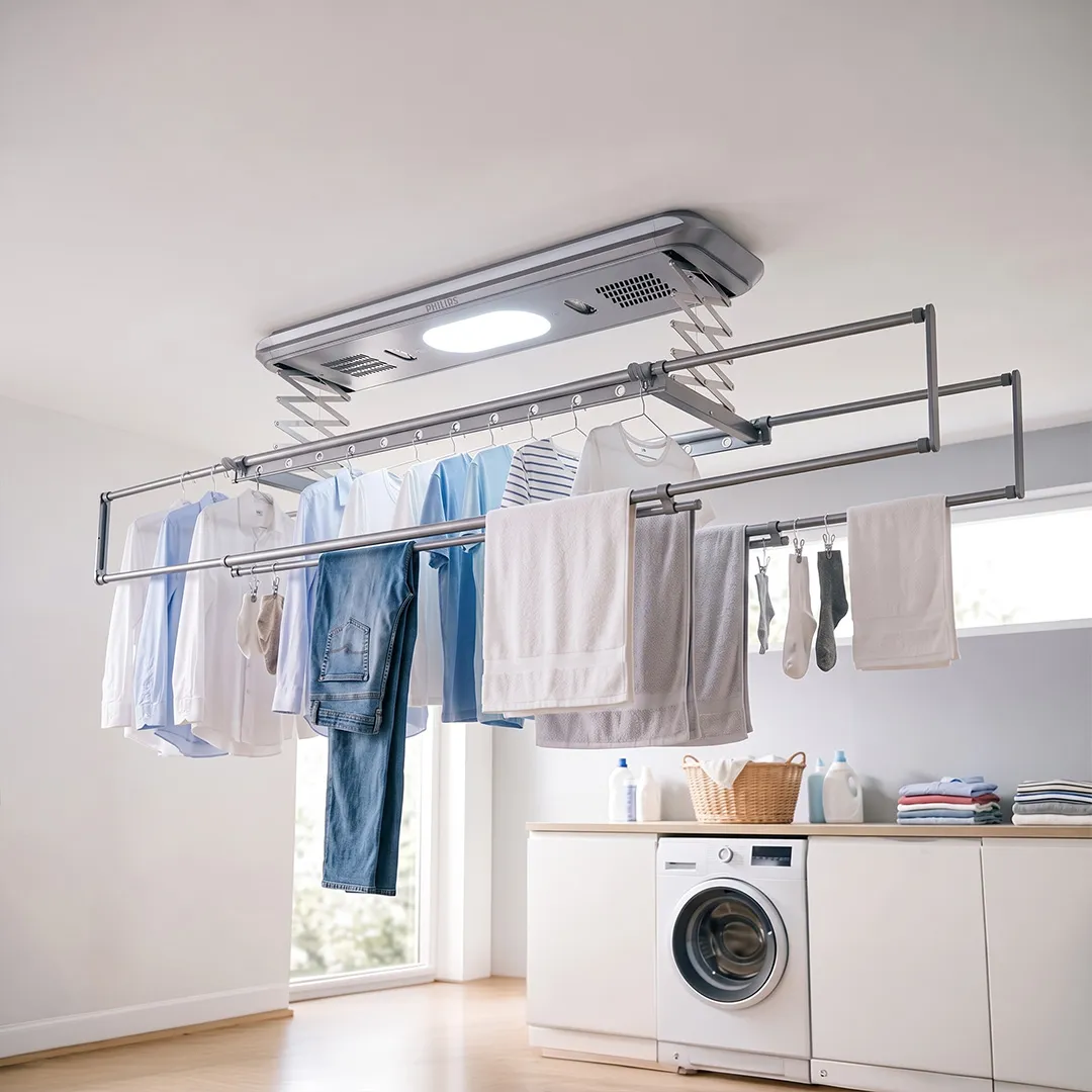 Tendedero eléctrico de techo Philips con ropa tendida en un lavadero