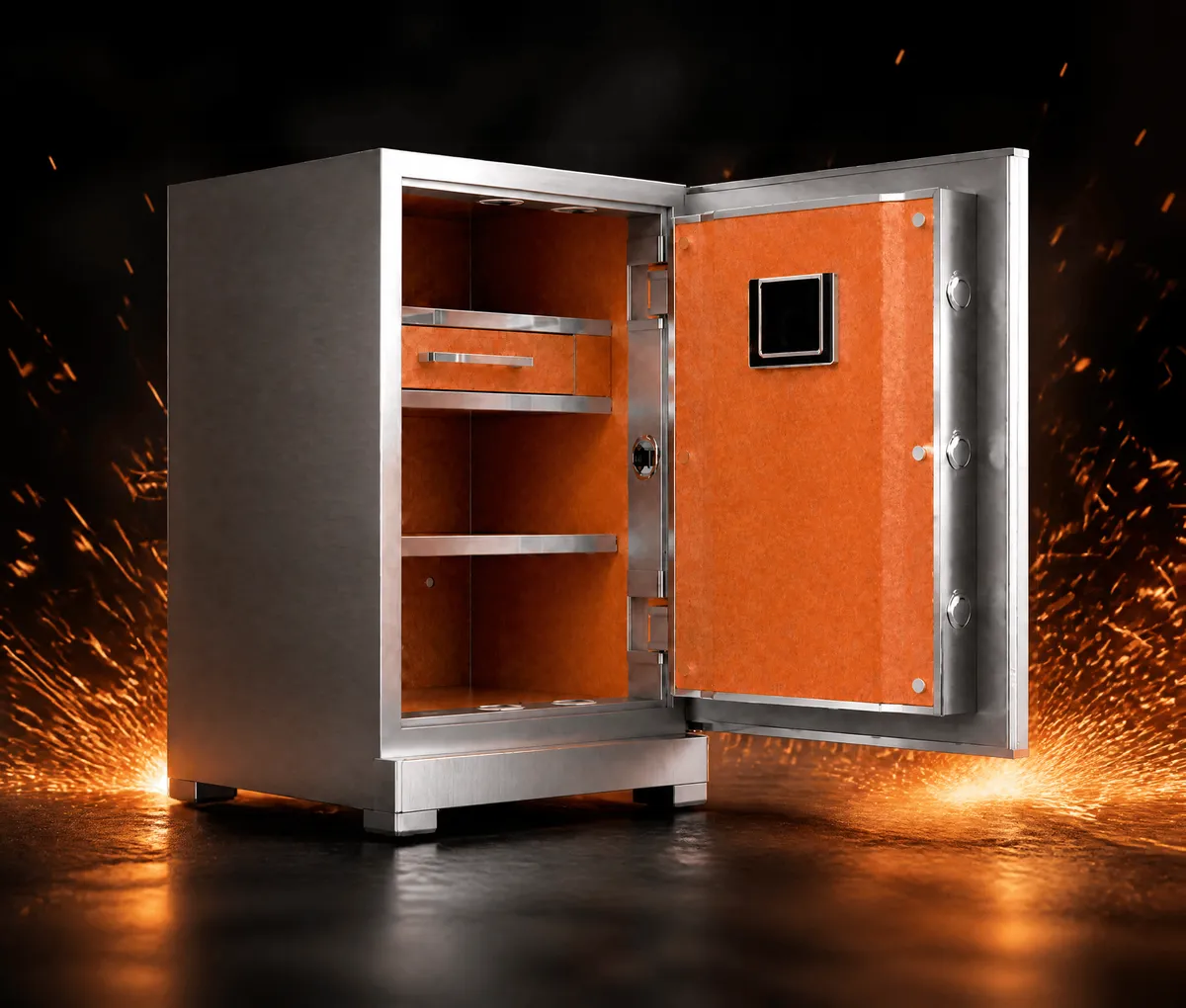 Caja fuerte biométrica Philips de acero reforzado con puerta abierta y pernos macizos
