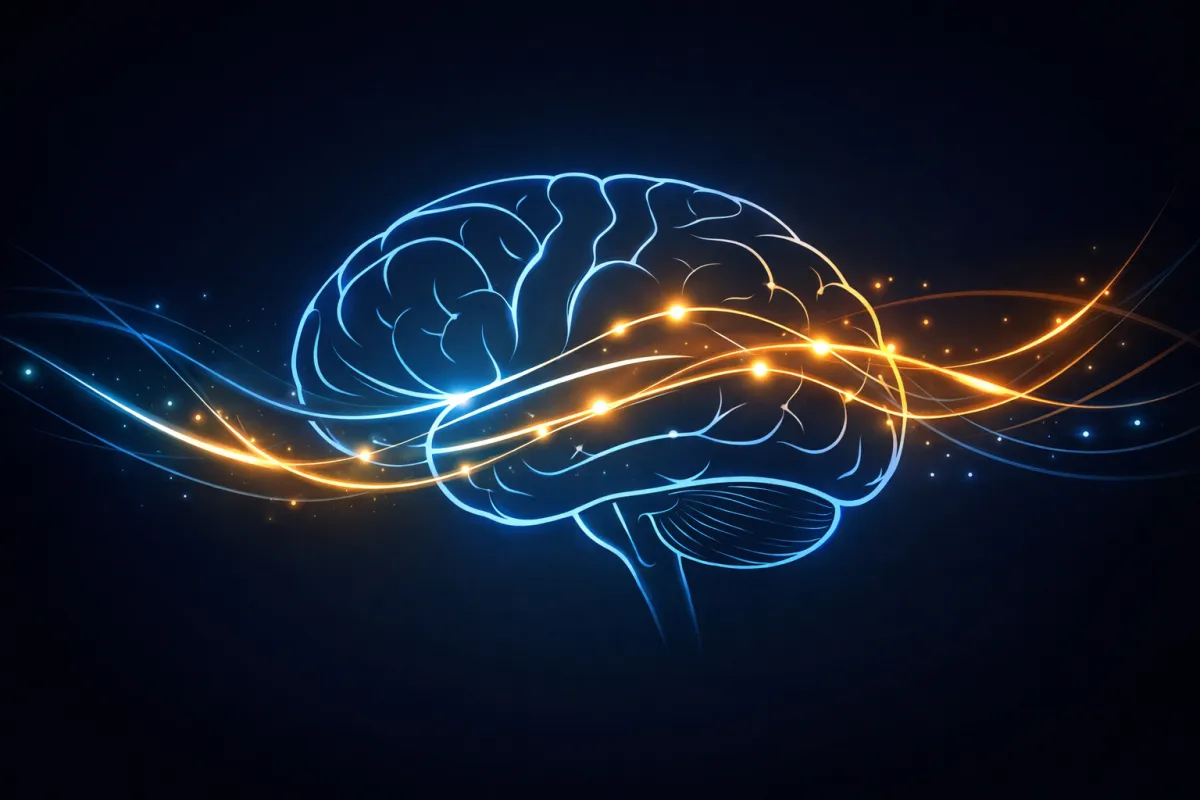 Ilustração minimalista de um cérebro humano com ondas de luz ou conexões neurais brilhantes, fundo escuro, tons de azul e dourado — transmitindo sofisticação científica e não o estereótipo do pêndulo.