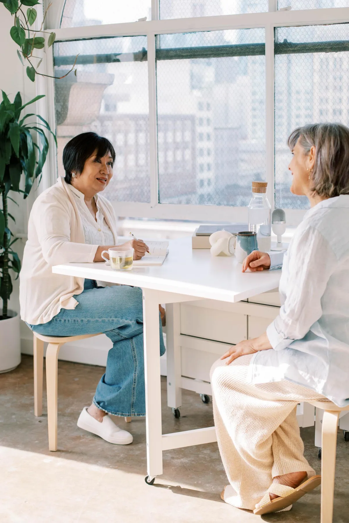 Two mature women talking and writing at a table by window with city in background.