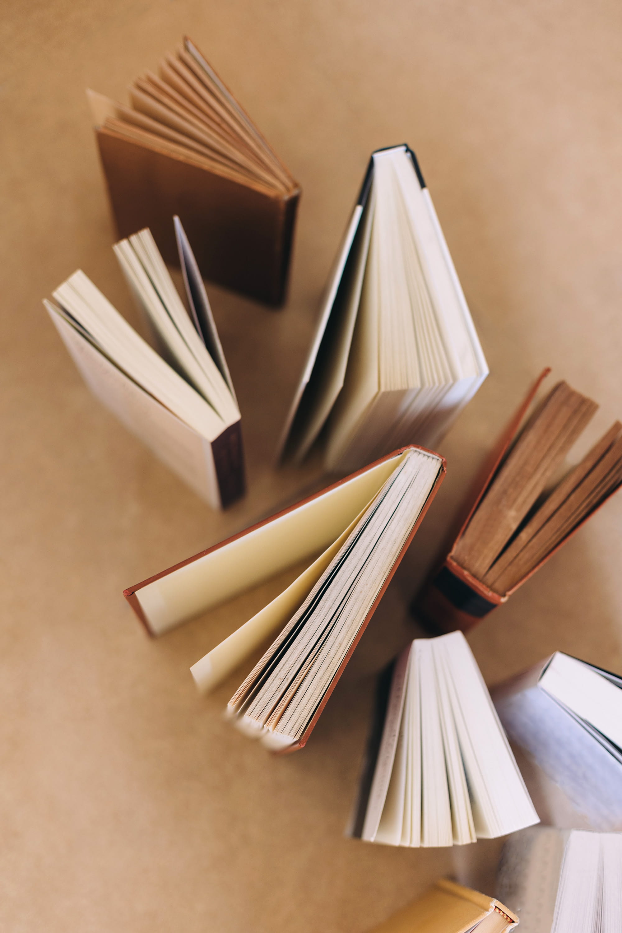 Several upright hardcover books from above