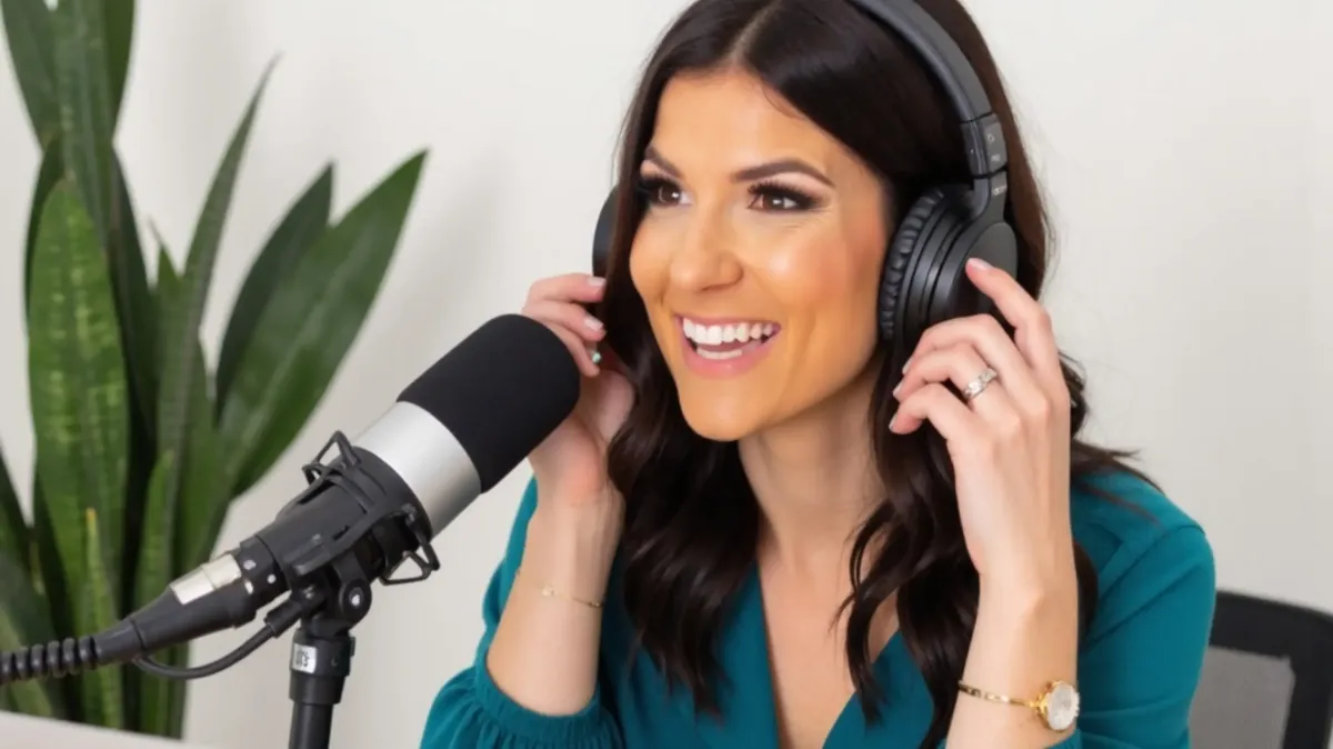 A woman with dark wavy hair and a bright smile wears large black over-ear headphones while speaking into a professional microphone. She is seated indoors, with a green plant in the background. She appears engaged and excited as she records a podcast episode.