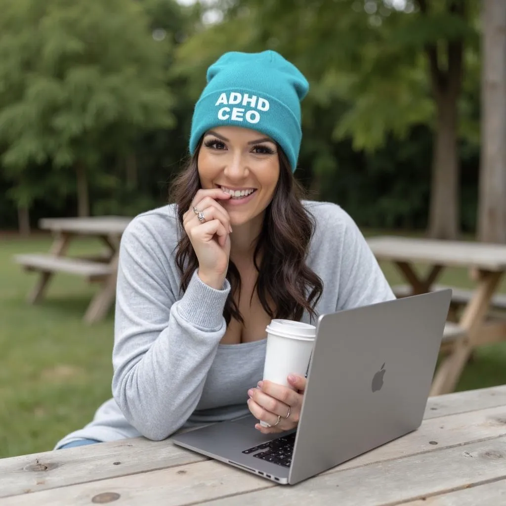 A woman with long, dark wavy hair smiles brightly while sitting on a gray couch, holding a white coffee mug labeled "ADHD CEO." She is wearing a teal sweater and gold jewelry, appearing relaxed and confident. The overlaid text reads, The Focused & Free Membership™ – Built for ADHDpreneurs who want to make bank without the burnout. The branding includes Socially Ausome™ with a crown icon, reinforcing the supportive and structured environment of the membership. The background is a cozy indoor setting with neutral tones.