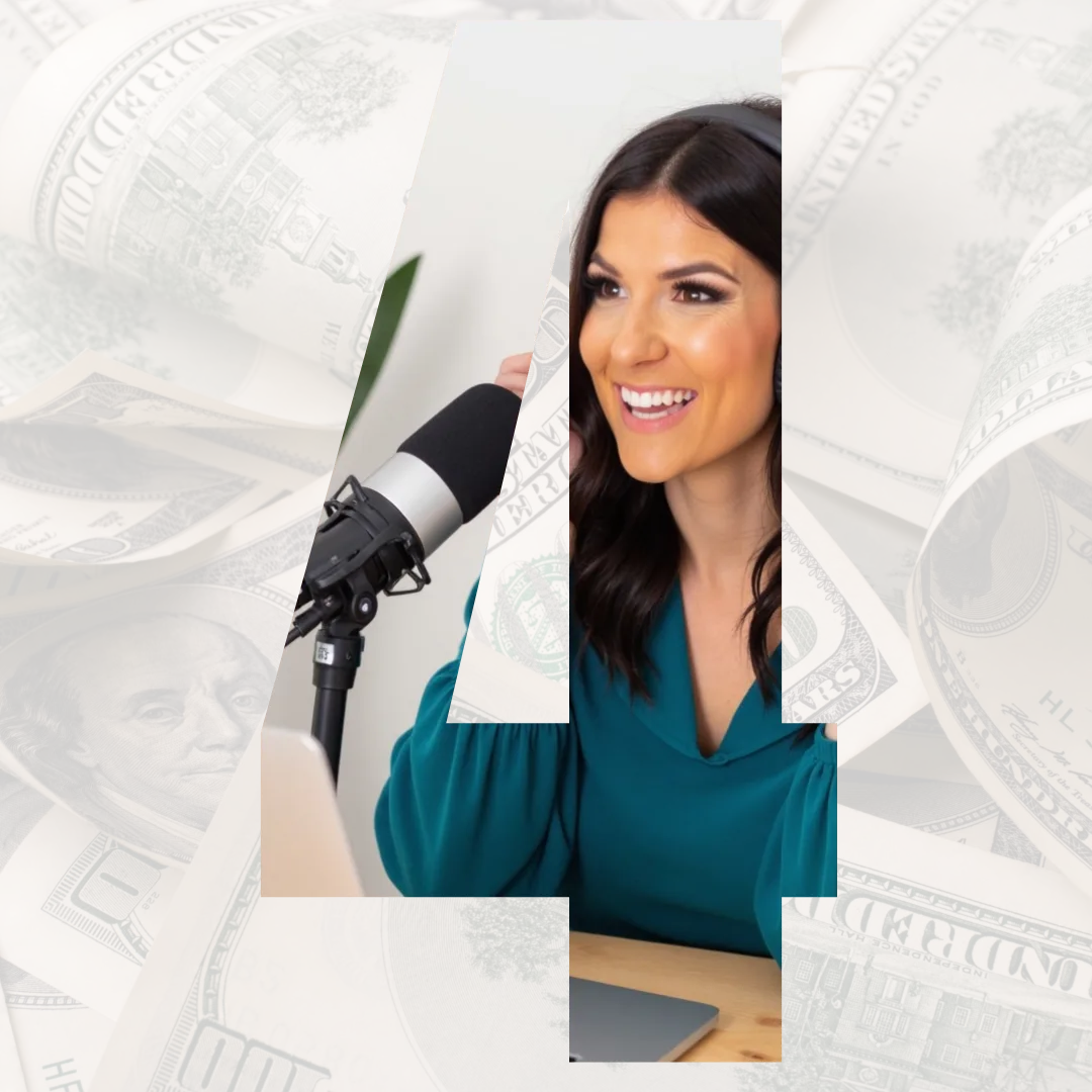 Alyece Smith recording into a podcast microphone while smiling, inside a bold number 4 placed over a money background—used to illustrate scaling and visibility in Phase 4 of the Academy.