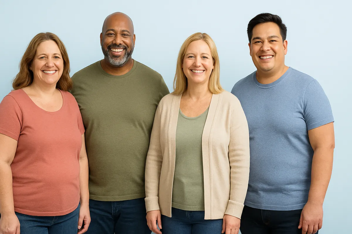 Four smiling adults standing together, symbolizing healthy weight loss with semaglutide, tirzepatide, and liraglutide medications including Ozempic, Wegovy, Mounjaro, Zepbound, and Saxenda