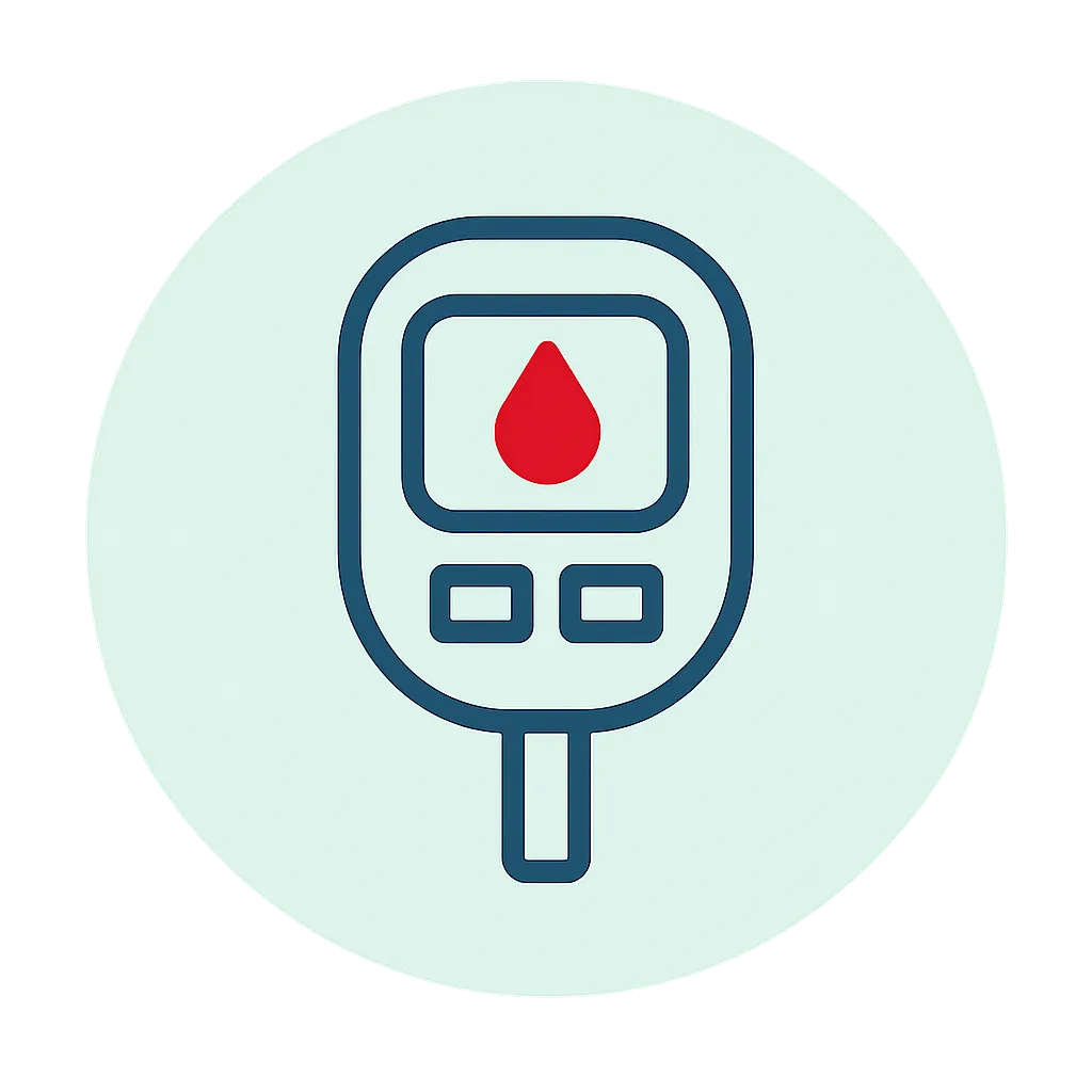 Simple icon of a glucose meter with a red blood drop, representing improved blood sugar control from GLP-1 medications like Ozempic, Wegovy, Mounjaro, Zepbound, and Saxenda