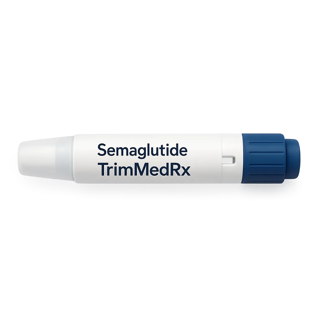 Semaglutide injection pen labeled TrimMedRx, representing GLP-1 weight loss treatments like Ozempic and Wegovy available through telehealth prescriptions