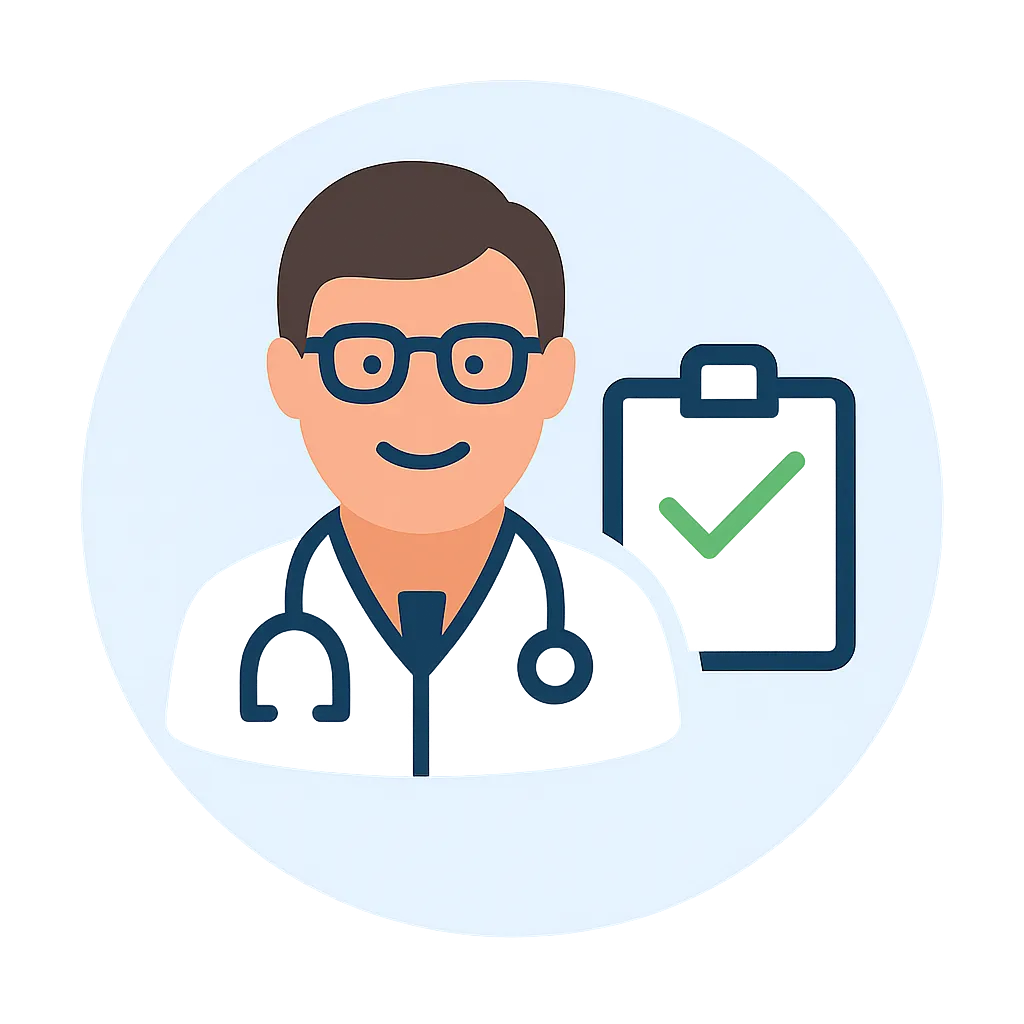 Illustration of a smiling doctor with a stethoscope and a green checkmark clipboard, representing licensed provider review for GLP-1 prescriptions like Ozempic, Wegovy, Mounjaro, Zepbound, and Saxenda at TrimMedRx