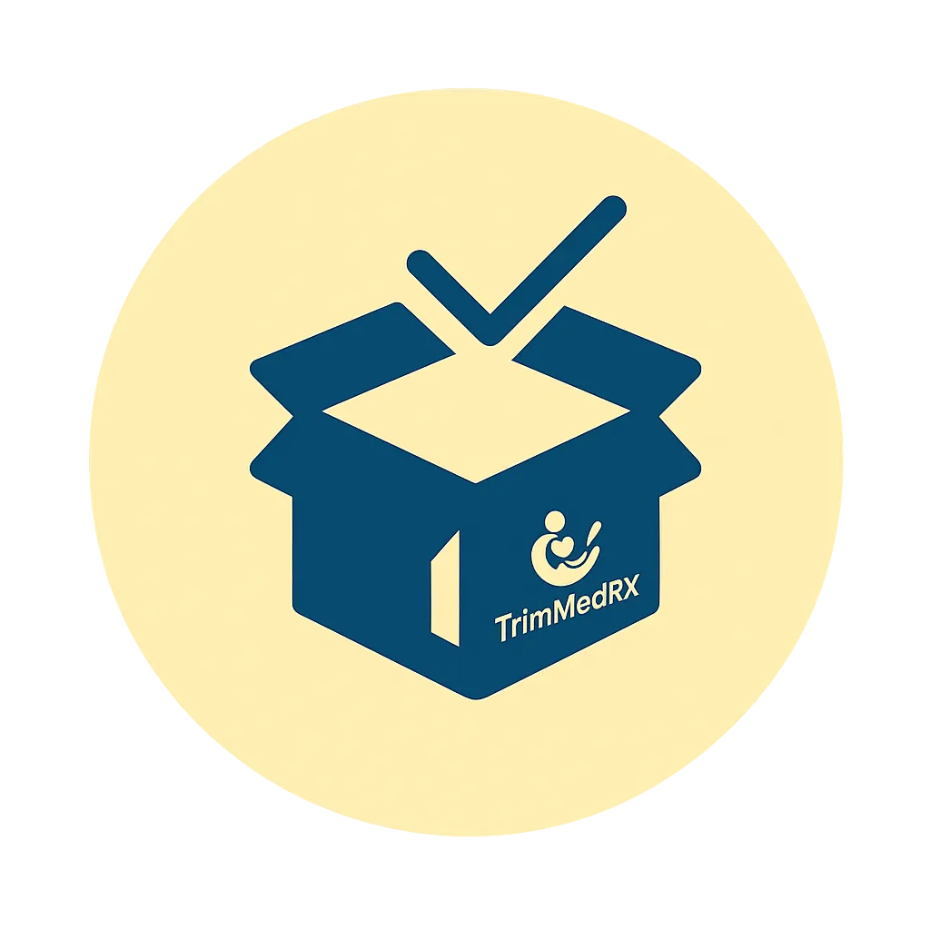 Icon of an open delivery box with a checkmark and TrimMedRx logo, representing fast home delivery of GLP-1 weight loss medications like Ozempic, Wegovy, Mounjaro, Zepbound, and Saxenda