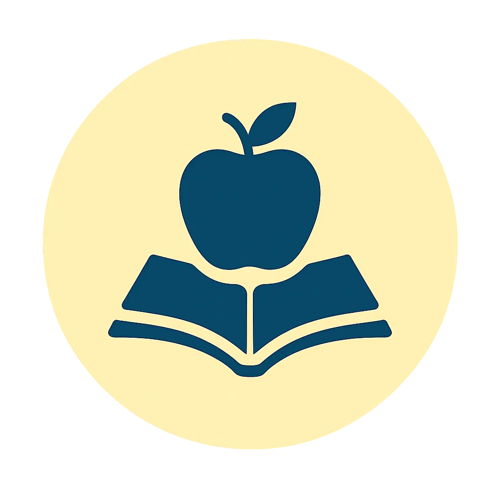 Icon of an apple on top of an open book, representing TrimMedRx discounts on GLP-1 weight loss medications for teachers, school staff, and educators