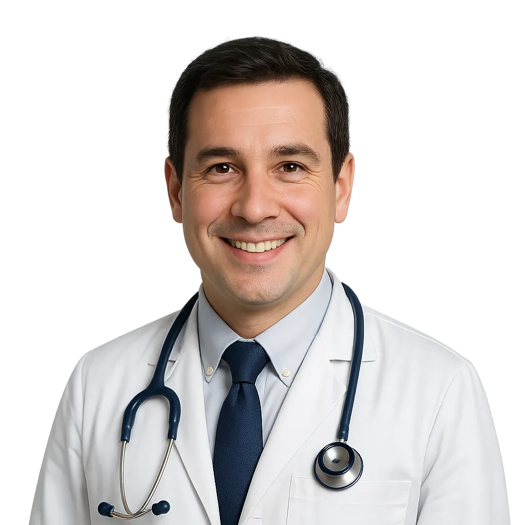 Smiling male doctor in a white coat with a stethoscope, representing TrimMedRx’s team of licensed medical providers prescribing GLP-1 weight loss medications like Ozempic, Wegovy, Mounjaro, Zepbound, and Saxenda