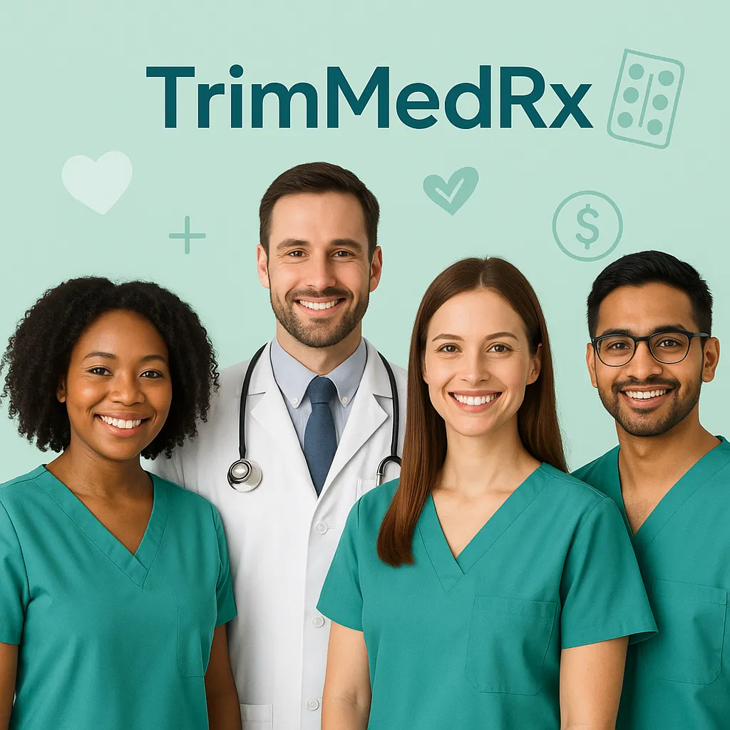 Diverse team of smiling healthcare professionals in scrubs and lab coat standing in front of TrimMedRx logo, representing our mission to make GLP-1 weight loss medications like Ozempic, Wegovy, Mounjaro, Zepbound, and Saxenda accessible for everyone