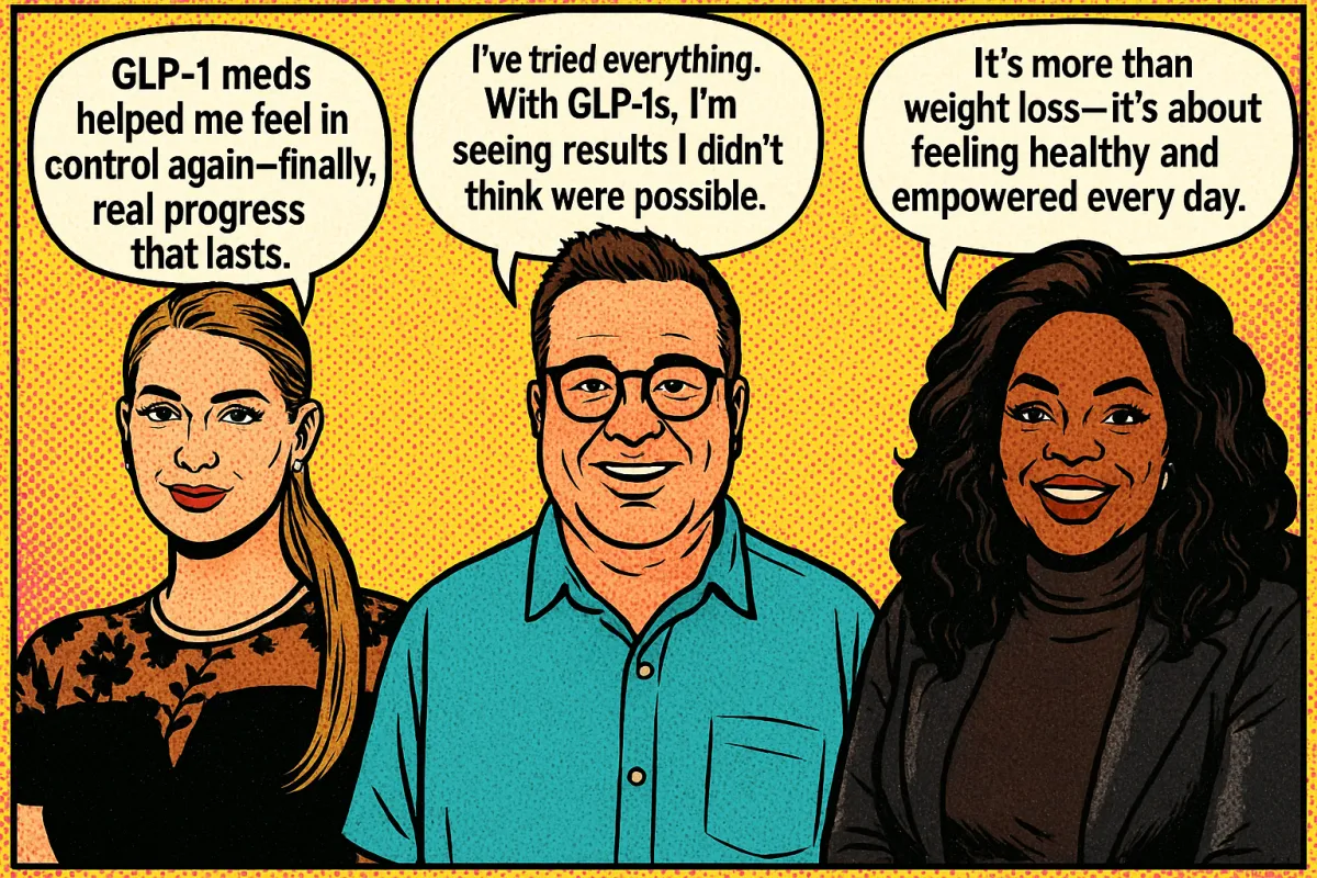 Comic-style illustration of celebrities sharing positive experiences with GLP-1 medications, highlighting public endorsements of weight loss treatments like Ozempic, Wegovy, Mounjaro, Zepbound, and Saxenda