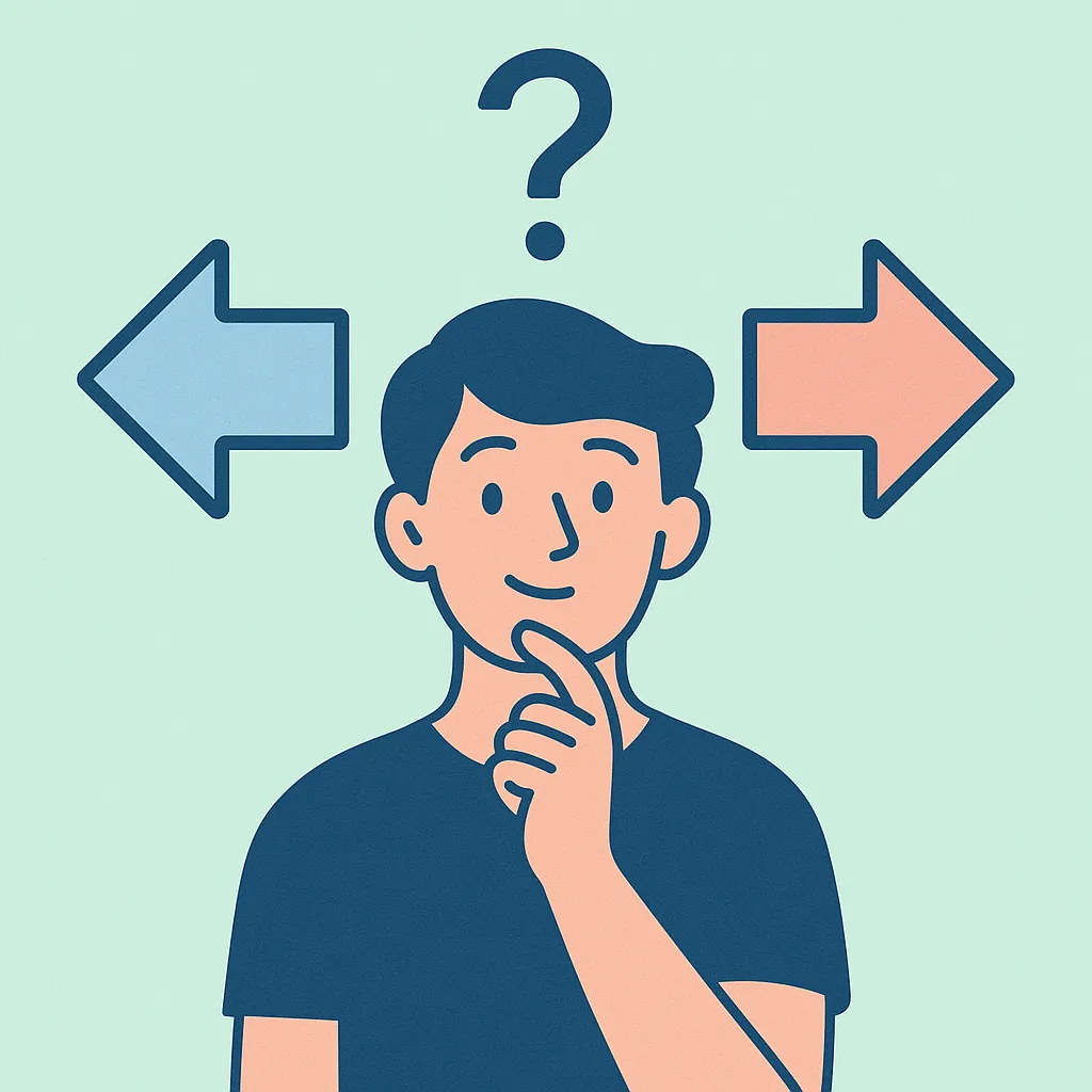 Illustration of a curious person deciding between options with a question mark and arrows, representing TrimMedRx’s interactive health quiz to find the right GLP-1 treatment like Ozempic, Wegovy, Mounjaro, Zepbound, or Saxenda