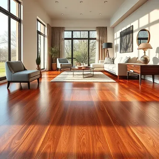 Polished hardwood flooring installation in a modern living room with elegant furnishings and warm natural light.