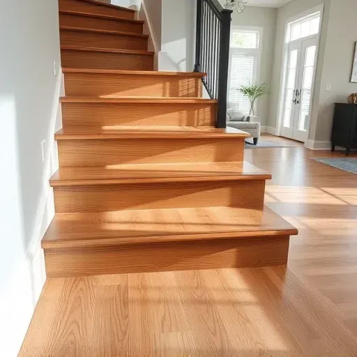 Close-up of a finished luxury vinyl plank stair tread in Alexandria VA with smooth wood grain textures and warm tones