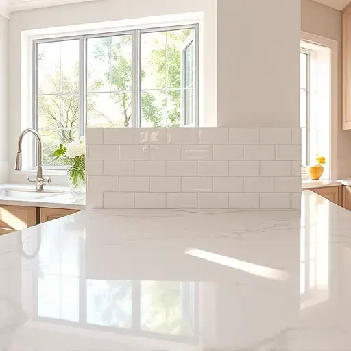 Close-up of glossy subway tile backsplash in a modern Alexandria VA kitchen with marble countertops and natural light.