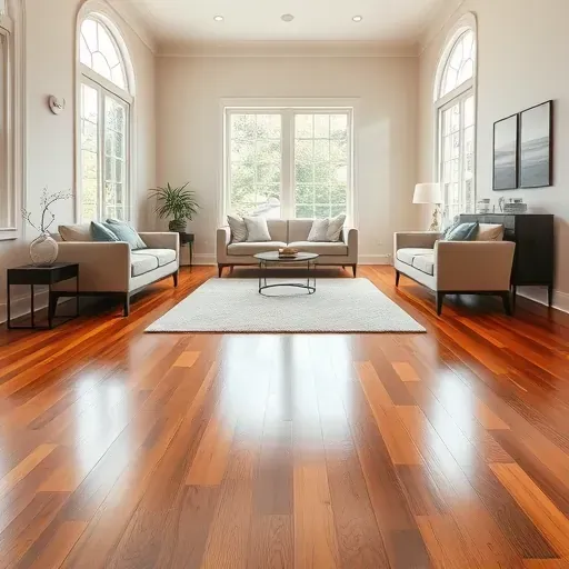 Completed hardwood flooring project in modern room, featuring polished wood, minimalist decor, and elegant natural lighting.