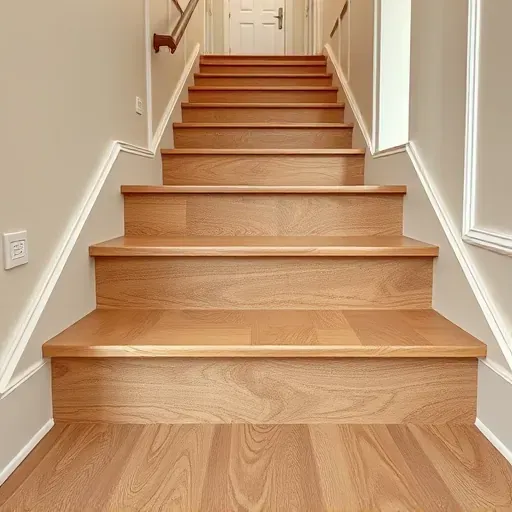 Close-up of a newly installed natural wood LVP stair tread with fine craftsmanship in a modern, well-lit interior hallway