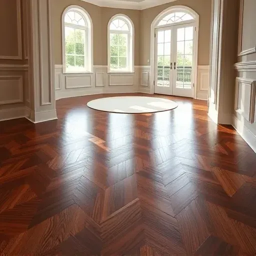 Completed flooring installation in Waldorf MD featuring dark hardwood in a herringbone pattern with elegant white trim.
