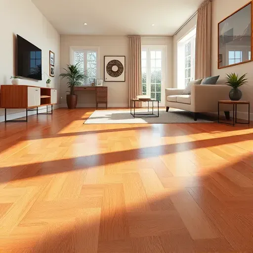 Refinished hardwood floor in modern living room with natural light, rich textures, and elegant decor in Alexandria VA