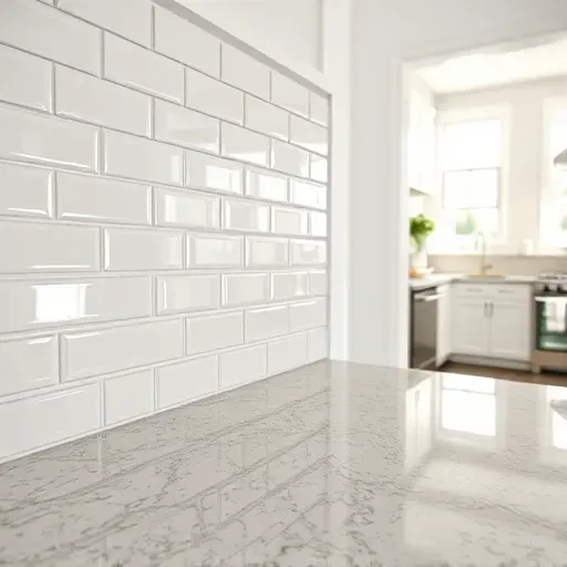 Perfectly installed neutral subway tile backsplash in a modern Alexandria VA kitchen with polished granite countertop