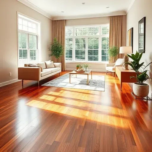 Elegant living room in Reston VA with polished hardwood flooring, warm tones, neutral walls, and stylish decor.