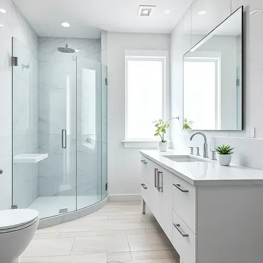Remodeled Alexandria VA bathroom with modern fixtures, walk-in glass shower, marble countertops, and natural lighting