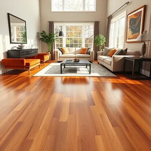 Elegant hardwood flooring installation in a bright Reston VA interior with contemporary furniture and warm tones.