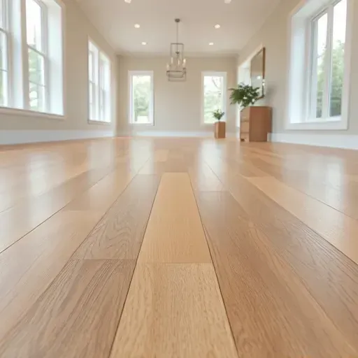 Close-up of a smooth, evenly leveled hardwood floor in a modern home with natural light, warm tones, and clean craftsmanship