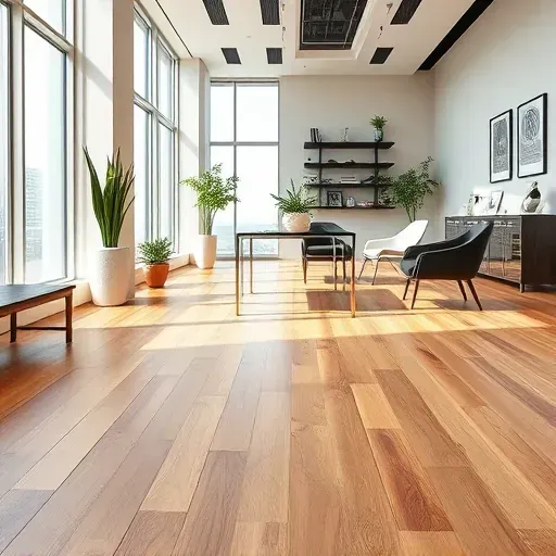 Luxury Vinyl Plank flooring in modern commercial space features oak and walnut textures with elegant furniture and decor.