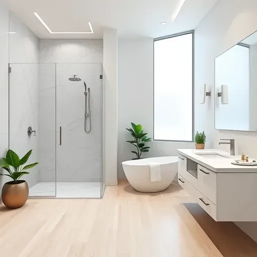 Renovated Alexandria VA bathroom with glass shower, marble tiles, soaking tub, modern vanity, hardwood floors, greenery